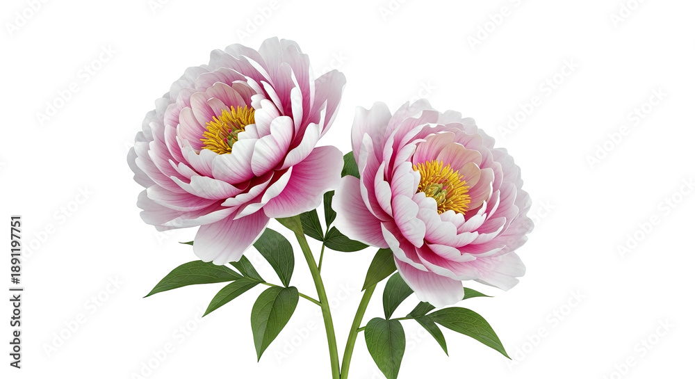Fototapeta premium Two Pink Peonies with Green Leaves on White Background