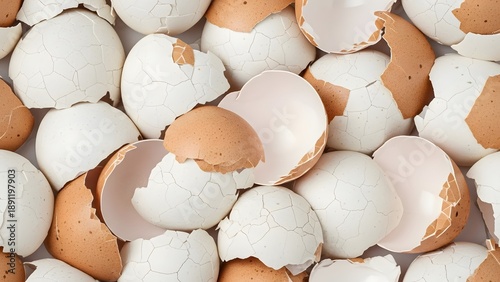 Close up of a full frame background of white and brown eggshell pieces. Organic waste for compost and garden fertilizer.