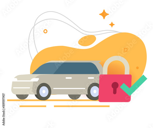 Car security insurance lock icon, vehicle safety padlock protection vector modern design illustration, automobile auto anti theft guard alarm system, trust reliable automotive shield technology
