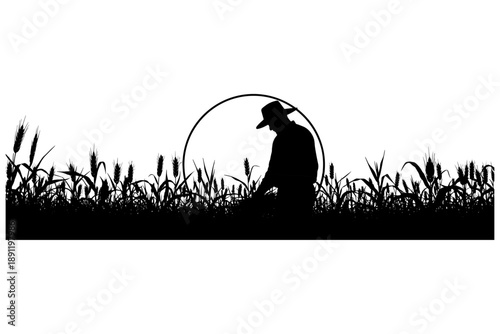 Silhouette of a dedicated farmer tending to his crops in a vast field at dawn or dusk, symbolizing hard work, harvest, and the timeless cycle of agriculture