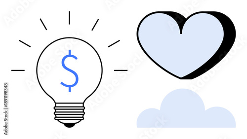 Innovation, finance, emotions, cloud technology, creativity, sustainability. Light bulb with dollar sign, heart and cloud symbols. Innovation and finance concepts