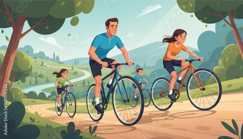 Family racing on bicycles along trail digital illustration in bright landscape with playful motion lines