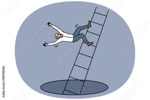 Loser man falls from career ladder into abyss, risking injury due to careless actions. Accident with guy who fell down career ladder after start of labor market crisis and wave of layoffs