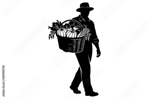 Silhouette of a farmer with a hat, carrying a basket of fresh organic vegetables and fruits, symbolizing a bountiful harvest