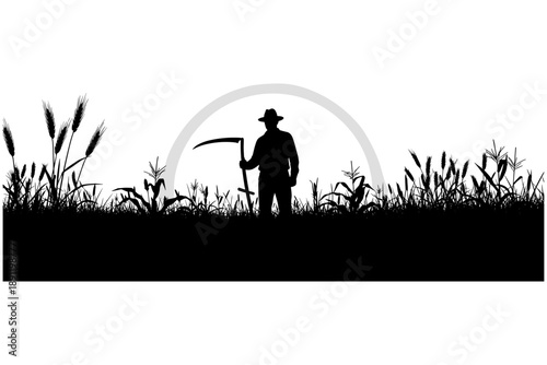 Silhouette of a farmer with a scythe in a field of wheat under a radiant sunrise, symbolizing the enduring traditions of agriculture and the vital cycle of a bountiful harvest