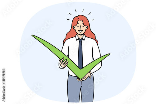 Business woman shows check mark as sign of confirmation of plans for cooperation or completion of project. Successful businesswoman with green check mark casts vote for favorite political candidate