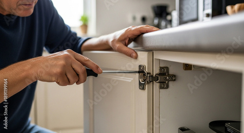 Man's hands diligently repairing a white kitchen cabinet door hinge with a screwdriver, performing essential home maintenance and DIY tasks