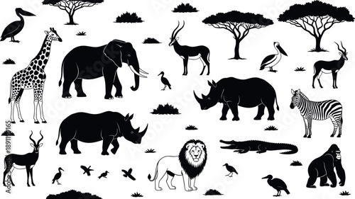 African wildlife safari silhouettes collection featuring elephant, lion, giraffe, rhino, zebra, antelope and savanna trees isolated on white background for nature design