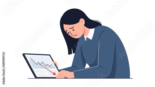 Woman looking at a tablet with a downward trending graph