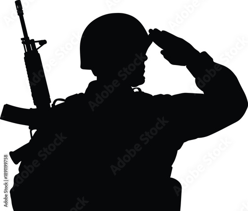 Black silhouette of soldier saluting with rifle soldier, silhouette, black, saluting, rifle, military, army, uniform, helmet, salute, profile, white background, monochrome, military personnel, man, pe