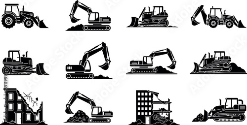 Construction and demolition machinery silhouettes set featuring excavators bulldozers loaders and building demolition scenes in black flat style isolated for industrial and stock illustration use