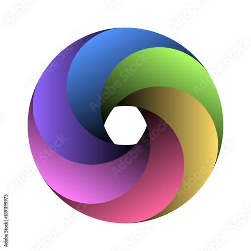 カラフルな6分割のスパイラル円形チャート循環サークル図の画像　立体的なグラデーションカラーの渦巻き状サイクル循環図インフォグラフィックのベクターイラスト素材