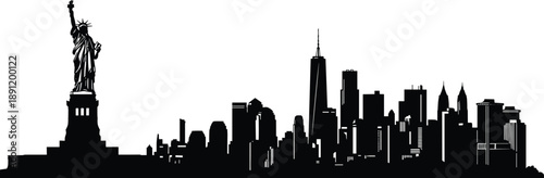 New York City skyline silhouette with Statue of Liberty, iconic Manhattan skyscrapers panorama, urban landmark illustration isolated on white background design