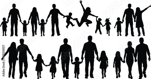 Silhouette collection of happy families with parents and children holding hands, walking and jumping together, symbolizing love, unity, parenting, and togetherness