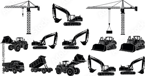 Construction heavy machinery silhouettes set featuring excavators, tower cranes, bulldozers, loaders and dump trucks isolated on white background for industrial engineering design