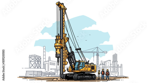 Yellow drilling machine at construction site with workers