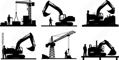 Construction site silhouettes showing workers operating excavators and tower heavy machinery labor, industrial building process and civil engineering work isolated on white background