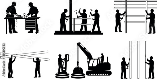 Construction worker silhouettes set showing builders assembling scaffolding lifting materials  and operating machinery in black flat style isolated for industrial safety and stock illustration use