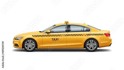 Yellow taxi car with black checkered stripe