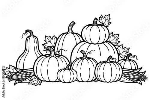 A delightful black and white line art illustration featuring a bountiful harvest of pumpkins, gourds, and ears of corn, perfect for autumn and Thanksgiving themes