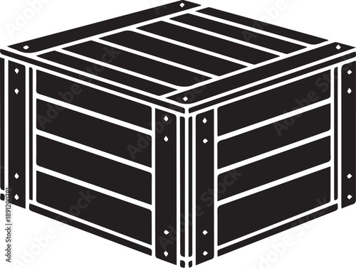 A simple black silhouette icon of a sturdy wooden crate for shipping and storage