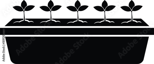 Black silhouette seedling tray with growing plant sprouts, minimal flat gardening icon representing agriculture, farming, eco friendly nursery growth concept nature design illustration
