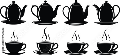 Black teapot and tea cup silhouette set with steaming cups isolated on white background, elegant kitchenware icons, minimalist tea time illustration collection