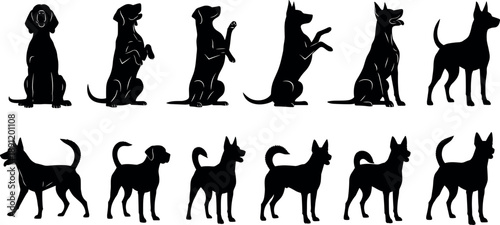 Dog silhouette pose collection featuring sitting, standing, walking, begging, and attentive positions, canine behavior study, pet training reference, and animal character illustration set
