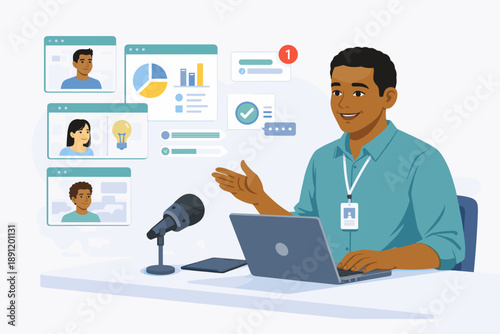 African male teacher explaining online lesson during virtual class laptop