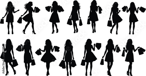 Fashion shopping women silhouettes set, elegant female figures carrying bags, stylish poses isolated on white background, retail lifestyle illustration