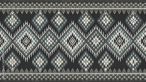 dark indigo ikat pattern border threads traditional woven textile texture vector background 
