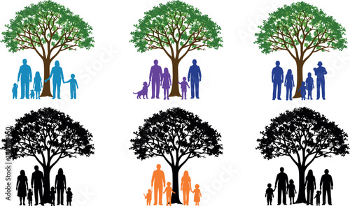 MobileFamily silhouettes under large tree collection showing parents, children, and pets, generational bonding, nature protection concept, community unity, and environmental lifestyle illustration