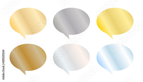 メタリックカラーの楕円形スピーチバブル集、立体感のあるゴールド・シルバー・ブルー系デザイン