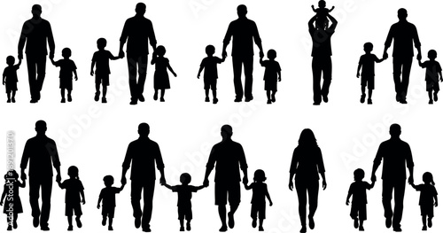 Father and children silhouettes walking together, dad holding kids hands and carrying child, expressing family bonding and parental love isolated on white background
