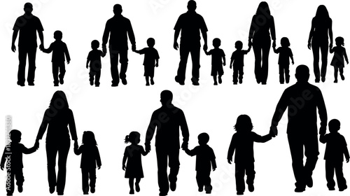 Family walking silhouettes set showing parents holding children hands, mother father with kids, happy family bonding, parenting lifestyle, togetherness concept, and love relationship illustration