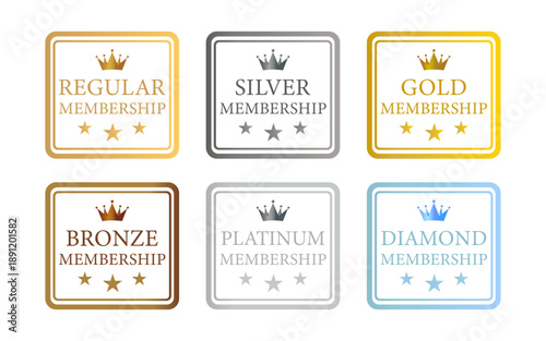 王冠アイコン付きメンバーシップランクバッジセット、レギュラー・シルバー・ゴールド・ブロンズ・プラチナ・ダイヤモンド