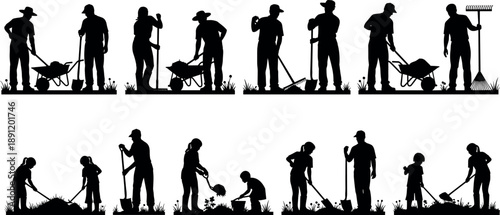 Gardeners and family gardening silhouettes set with adults and children working outdoors using tools, wheelbarrow, rakes and shovels on white background