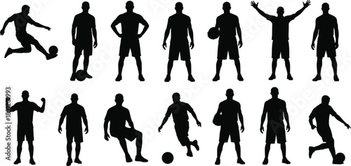 Collection of black soccer player silhouettes in various action poses including dribbling, kicking, celebrating and standing, isolated on white background for sports design use