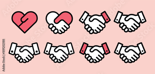 Handshake icon set. Business agreement handshake symbol. Friendly, partnership deal handshake line and silhouette sign. Transparent png and vector illustration.