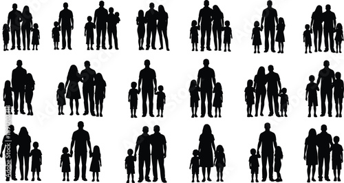 Family silhouette set showing parents and children standing together in different group combinations, black vector illustration isolated on white background representing family life and togetherness