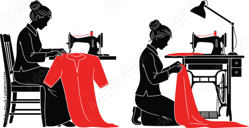 Silhouette set of two women sewing clothes on machine, vector illustration of dressmaker working in workshop, fashion industry concept, black and red design