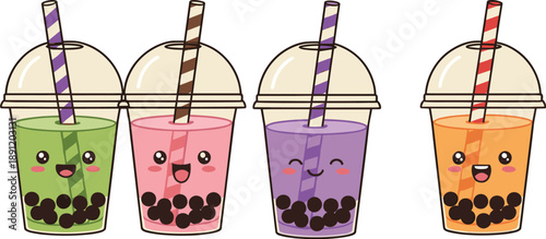 Cute kawaii bubble tea cups with smiling faces colorful milk tea tapioca pearls and striped straws isolated