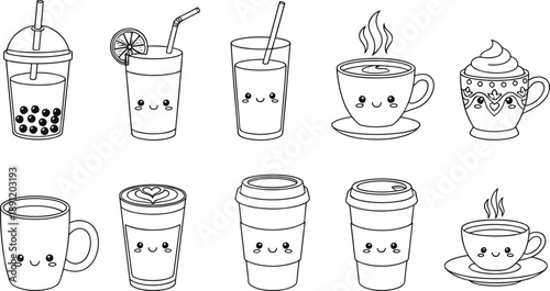 Cute kawaii outline drink and coffee cups set with smiling faces bubble tea juice and hot beverages isolated