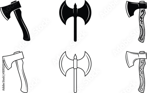 Set of six black silhouette and outline ax icons, featuring wooden hatchets, double headed battle weapons, and viking tools, isolated vector illustration.