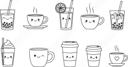 Cute kawaii outline drinks and coffee cups with smiling faces bubble tea juice and hot beverages isolated