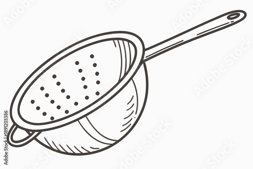 Strainer sketch, long handle colander, steel mesh cooking tool isolated on white background 
