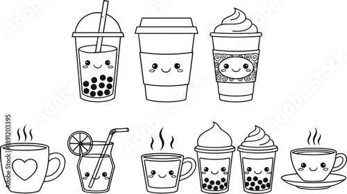 Cute kawaii outline drink and coffee cups set with smiling faces bubble tea juice and hot beverages isolated
