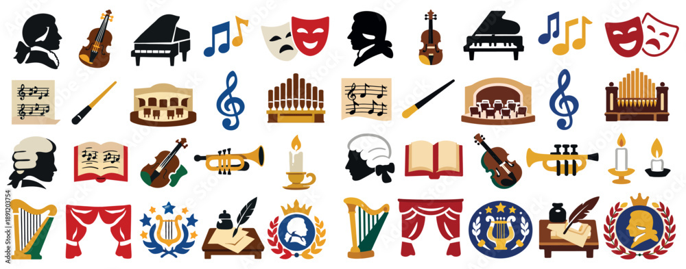 Fototapeta premium Wolfgang Amadeus Mozart Birthday Icons Set with Classical Music and Theatrical Elements