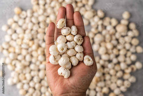 Phool Makhana, Fox Nut, Lotus Pops Seeds, Gorgon nut, Euryale Ferox on a human hand.