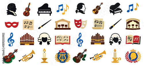 Wolfgang Amadeus Mozart Birthday Icons Set with Classical Music and Theatrical Elements